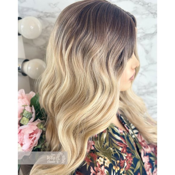 Dark Roots Creamy Blonde Natural Ombre Wavy Lace Front Wig | Virginia - Picture 6 of 13